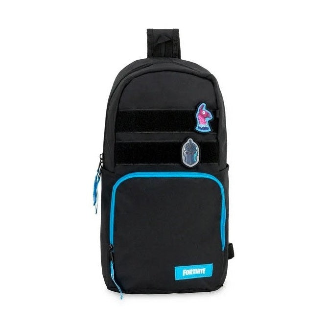 Black Fortnite sling backpack with blue trim.